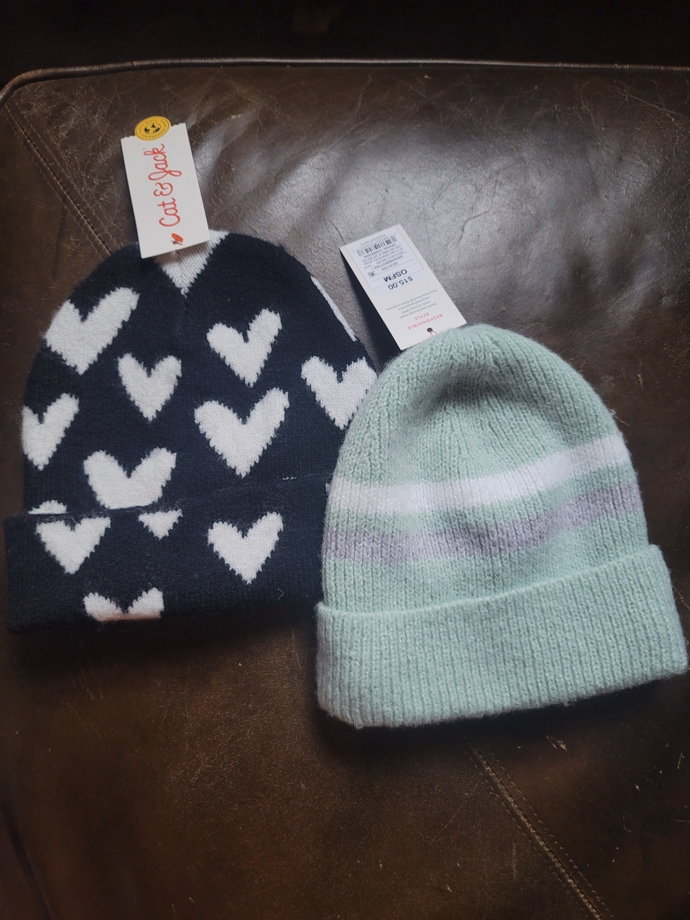 Cat & Jack Kids' Black & White Heart Beanie & Mint Stripe Knit Hat Set